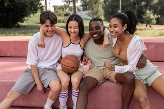 pexels-photo-5384621-5384621 A diverse group of young friends sharing joyful moments outdoors with a basketball.